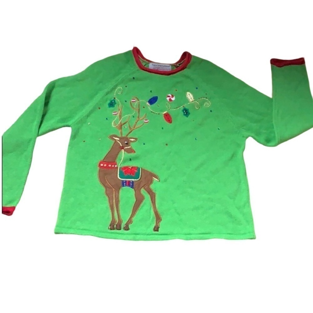 Tiara International Christmas reindeer sweater Green Size Medium